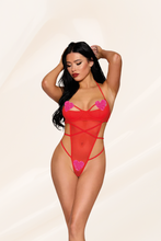 Load image into Gallery viewer, Strappy stretch mesh halter teddy, G-String Back Bodysuit
