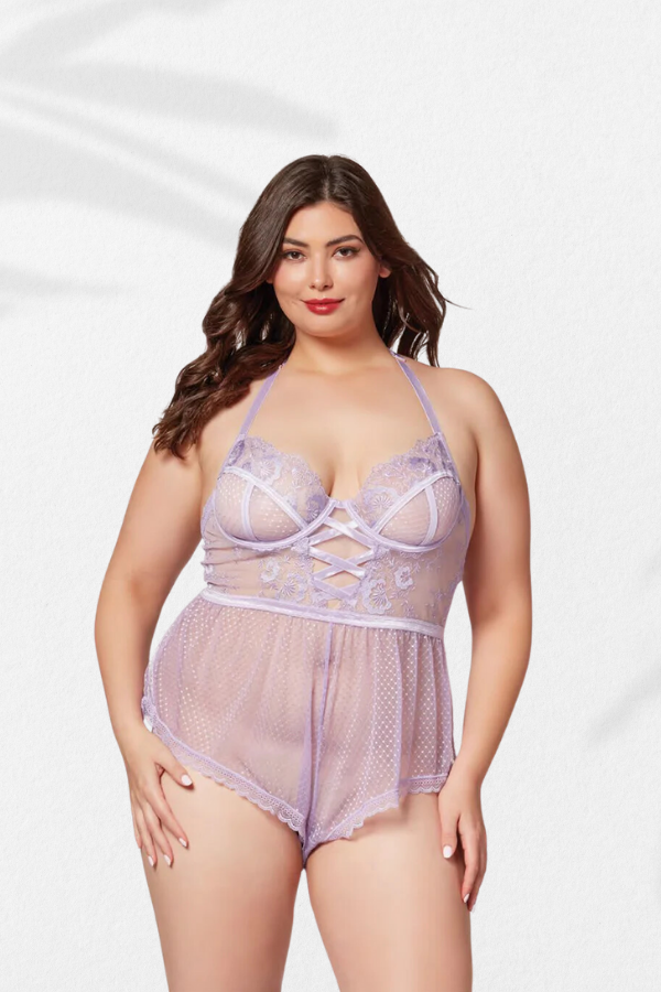 Sexy Floral Embroidery Lace Teddy – High Cut Leg Lingerie Bodysuit with Lace-Up Detail & Racerback Straps