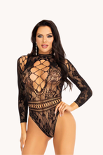 Load image into Gallery viewer, High Neck Lace and Net Keyhole Back Bodysuit
