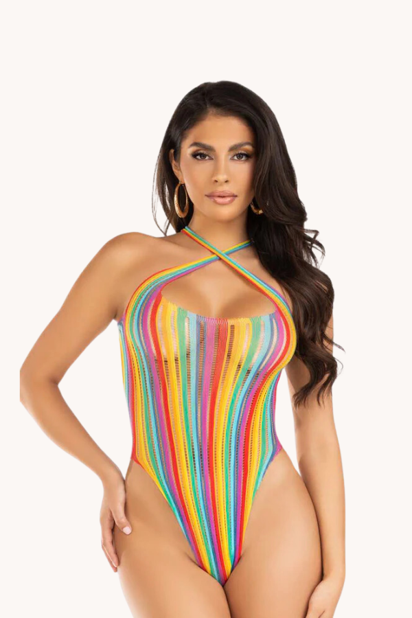 Rainbow striped cross-over halter bodysuit