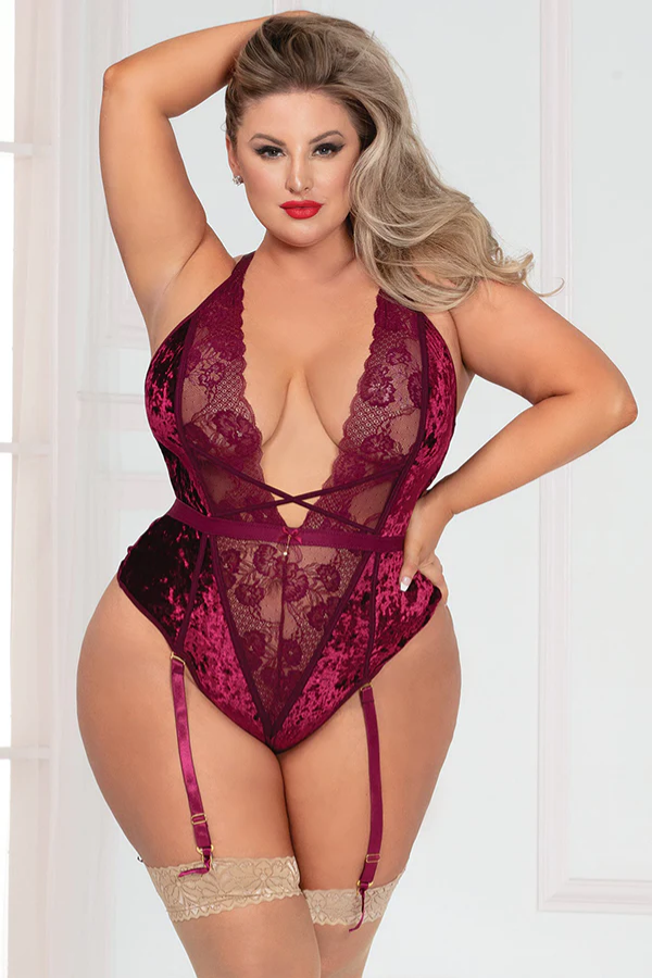 Velvet & Lace Teddy – Plunging Neckline, Strappy Thong, & Removable Garters