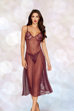 Load image into Gallery viewer, Dot Stretch Mesh and Eyelash Lace Midi-Length Gown with G-String Set
