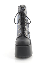 Load image into Gallery viewer, Gothic Platform Ankle Boots with 5 Inch Chunky Heel, 3 Inch Platform, D-Ring Lace-Up Front, Moonlit Cathedral Artwork and Metal Back Zip Closure
