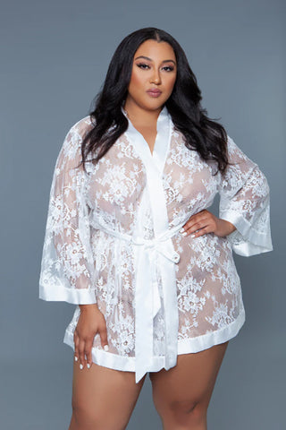 Delia Floral Lace Robe with Satin Trimming