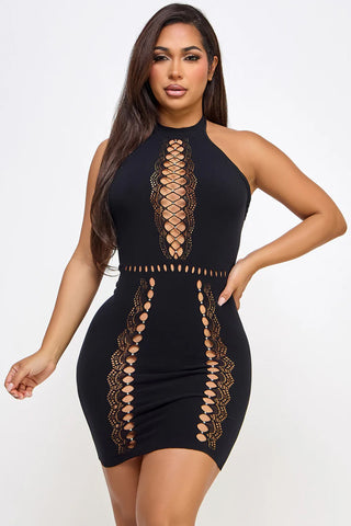 Mariah Lace Cutout Mini Dress with Crisscross Front Panel