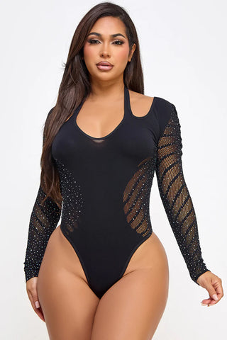 Elody Rhinestone Mesh Halter Bodysuit