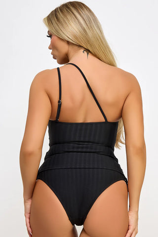 Donna One-Shoulder Ribbed Tankini Set – Effortlessly Chic Swim Style