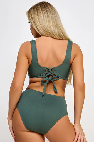 Olivia Scalloped Bikini Set – Mesh Neckline V-Neck Top & High-Waisted Ruched Bottom