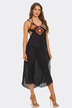 Load image into Gallery viewer, Geo Midi Swim Cover Up Dress, Colorful Geometric Crochet Beach Cover-Up with Scoop Neck, Cami Straps &amp; Sheer Knitted Design
