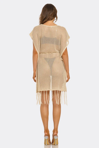 Knotty by Nature Mini Swim Cover Up Dress, Open Knit Beach Cover-Up with Tassel Trim, Waist Tie, Short Sleeves & Lightweight Crochet Style