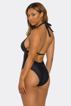 Load image into Gallery viewer, Geo Accent One-Piece Swimsuit, Deep V-Neck Halter Bathing Suit with Low Back, High-Cut Leg &amp; Cheeky Coverage
