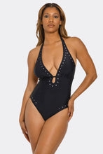 Load image into Gallery viewer, Geo Accent One-Piece Swimsuit, Deep V-Neck Halter Bathing Suit with Low Back, High-Cut Leg &amp; Cheeky Coverage
