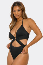 Load image into Gallery viewer, Dita Halter Monokini One Piece Swimsuit for Women with Plunging Neckline, Ring Detail &amp; High-Cut Design – Ribbed Swimwear
