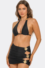 Load image into Gallery viewer, Kiki 3-Piece Bikini Set for Women with Triangle Halter Top, Gold Floral Details &amp; Ruched Cut-Out Mini Skirt
