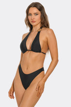 Load image into Gallery viewer, Kiki 3-Piece Bikini Set for Women with Triangle Halter Top, Gold Floral Details &amp; Ruched Cut-Out Mini Skirt
