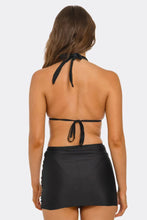 Load image into Gallery viewer, Kiki 3-Piece Bikini Set for Women with Triangle Halter Top, Gold Floral Details &amp; Ruched Cut-Out Mini Skirt
