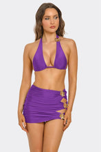 Load image into Gallery viewer, Kiki 3-Piece Bikini Set for Women with Triangle Halter Top, Gold Floral Details &amp; Ruched Cut-Out Mini Skirt
