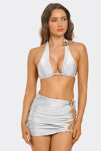 Load image into Gallery viewer, Kiki 3-Piece Bikini Set for Women with Triangle Halter Top, Gold Floral Details &amp; Ruched Cut-Out Mini Skirt
