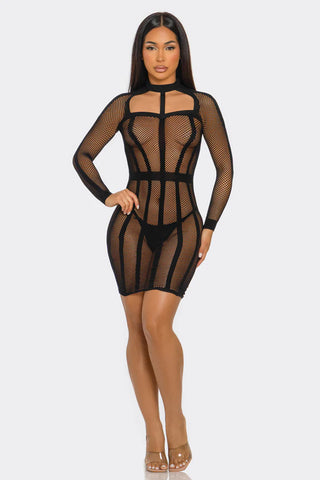 Between the Lines Fishnet Cage Dress with Choker Neck