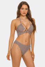 Load image into Gallery viewer, Cocoa Bloom Floral Bikini Set, Two-Piece Swimsuit with Criss-Cross Halter Top, Low-Rise Bikini Bottoms &amp; Brown White Floral Print
