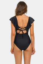 Load image into Gallery viewer, Nightwave One Piece Swimsuit, Black Cutout Swimwear with U-Ring Front Detail, Ruffle Sleeves &amp; Stylish One-Piece Bathing Suit
