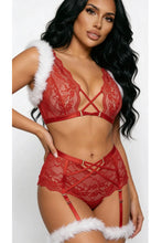 Load image into Gallery viewer, Naughty List 2-Piece Lace Set for Women with Faux Fur Trim, Cross-Over Neck, Criss-Cross Front Straps, Adjustable Shoulder Straps &amp; Brazilian Knicker
