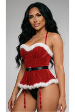 Load image into Gallery viewer, Santa Baby 2-Piece Lingerie Set for Women – Red Velvet Basque with Faux Fur Trim, Adjustable Halterneck, Diamante Buckle Belt &amp; Matching Thong
