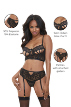 Load image into Gallery viewer, Tide of Passion 2-Piece Bra Set – Strappy Cup Lingerie with Lace-Up Back, Attached Garters &amp; Satin Bow Charm

