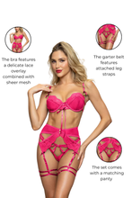 Load image into Gallery viewer, Three-Piece Lace and Mesh Bra Set with Gold elastic strap detail
