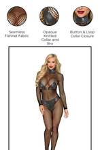 Load image into Gallery viewer, Seamless fishnet bodystocking with knitted collar, Lingerie with Rhinestone Detail
