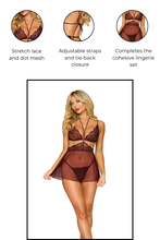 Load image into Gallery viewer, Stretch Lace and Dot Mesh Bralette, Open Cup Babydoll, and G-String Set
