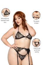 Load image into Gallery viewer, Plus Size Sultry Rhinestone Eyelash Lace Bra, Garter Belt &amp; G-String Set for Unforgettable Nights
