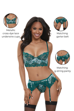 Load image into Gallery viewer, Metallic Cross-Dye Lace Bra Set – Longline Underbust, Garter Belt, &amp; G-String
