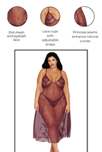 Load image into Gallery viewer, Dot Stretch Mesh and Eyelash Lace Midi-Length Gown with G-String Set
