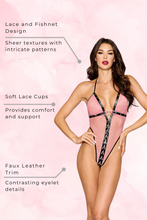 Load image into Gallery viewer, Lace and Fishnet Teddy with Front Lace-Up and Faux Leather Trim
