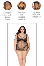 Load image into Gallery viewer, Scalloped Lace and Dot Mesh Babydoll with Fly-Away Front and G-String Set
