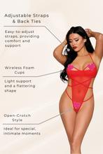 Load image into Gallery viewer, Strappy stretch mesh halter teddy, G-String Back Bodysuit
