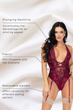 Load image into Gallery viewer, Velvet &amp; Lace Teddy – Plunging Neckline, Strappy Thong, &amp; Removable Garters
