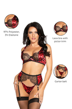 Load image into Gallery viewer, Leopard Print Satin &amp; Lace 3-Piece Bra Set – Underwire Lingerie with Garter Belt, Rhinestone &amp; Gold Hardware
