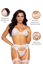 Load image into Gallery viewer, Sultry Rhinestone Eyelash Lace Bra, Garter Belt &amp; G-String Set for Unforgettable Nights
