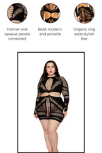 Load image into Gallery viewer, Seamless Fishnet and Opaque Long Sleeve Chemise with Organic Shape Ring Connector
