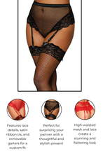 Load image into Gallery viewer, High waisted mesh and lace garter thong
