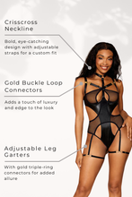 Load image into Gallery viewer, Faux-leather and fishnet garter teddy
