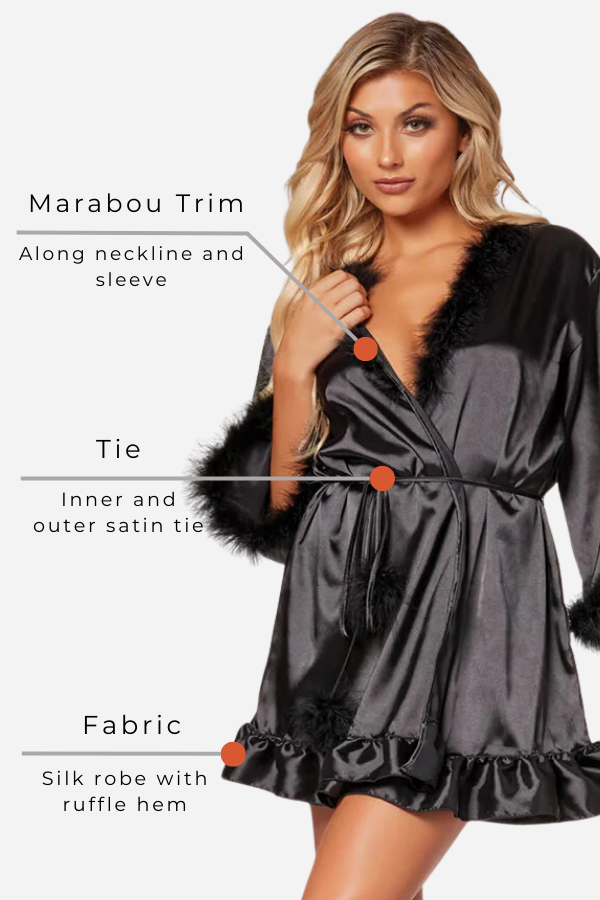 Faux Crepe Silk Robe With Marabou Trim