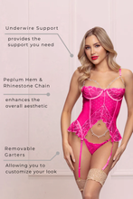 Load image into Gallery viewer, Lace and Mesh Bustier Set with Removable Garters and G-string
