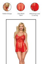 Load image into Gallery viewer, Stretch lace and dot mesh babydoll and G-string, Lace Lingerie
