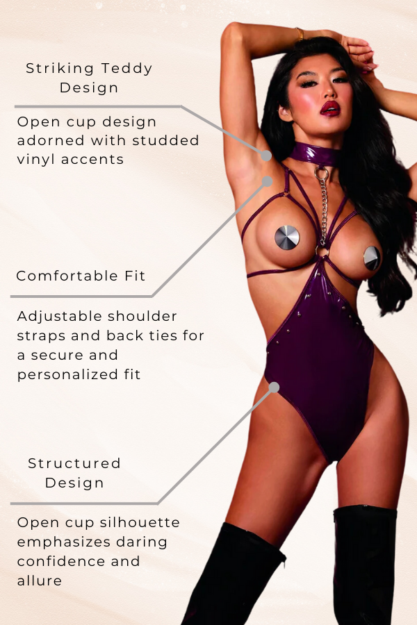 Strappy Vinyl Teddy with Studs and Chain Collar, Open Cup Bodysuit