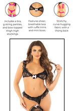 Load image into Gallery viewer, Girl Talk Bra and Panty Set, Three Piece Hearts Racing Lingerie Set
