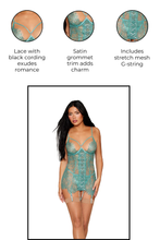 Load image into Gallery viewer, Delicate Eyelash Lace Lingerie Set – Garter Slip and G-String with  Lace-Up Detail
