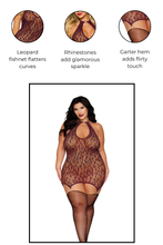 Load image into Gallery viewer, Leopard Pattern Knitted Seamless Fishnet Chemise with Rhinestone Accents
